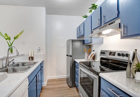 A kitchen with blue cabinets and stainless steel appliances.