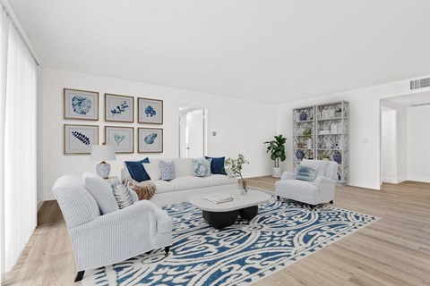 A living room with a white couch and a blue patterned rug.