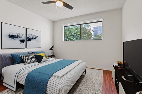 a bedroom with a bed and a window