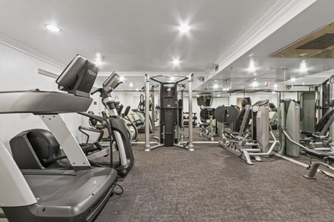 a gym with treadmills and other exercise equipment