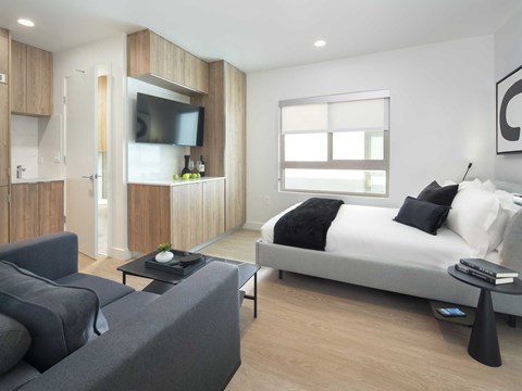 A modern bedroom with a large bed and a grey couch.