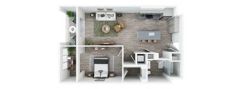 3d view of a 1 bedroom floor plan with a fireplace