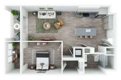 3d view of a 1 bedroom floor plan with a fireplace