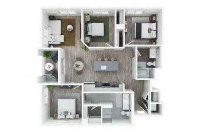 3d floor plan of a bedroom roommates