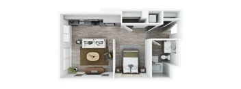 3d furnished floor plan with bedroom and bathroom and a closet