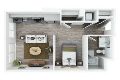 3d furnished floor plan with bedroom and bathroom and a closet