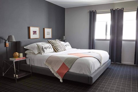 Comfortable bedroom at 888 Hilgard apartments in Westwood Los Angeles near UCLA with bright and modern design