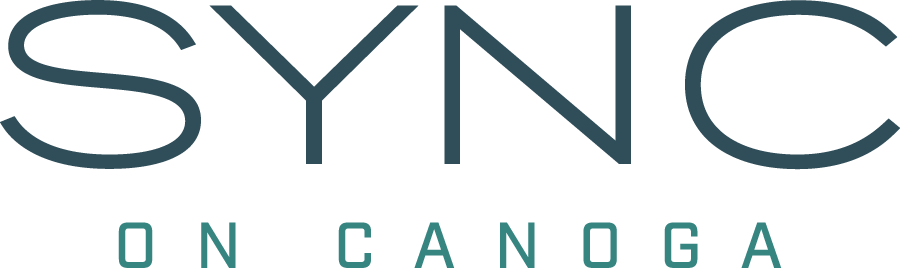 The image displays the letters "SYNC" in large font, followed by the words "ON CANOGA" in smaller font, all set against a green background.
