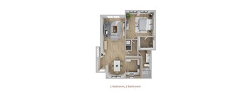 A floor plan of a small apartment with one bedroom and one bathroom.
