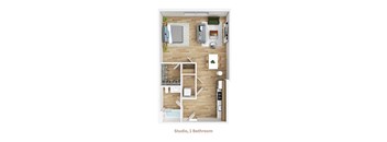 A studio apartment with a bathroom and a kitchenette.