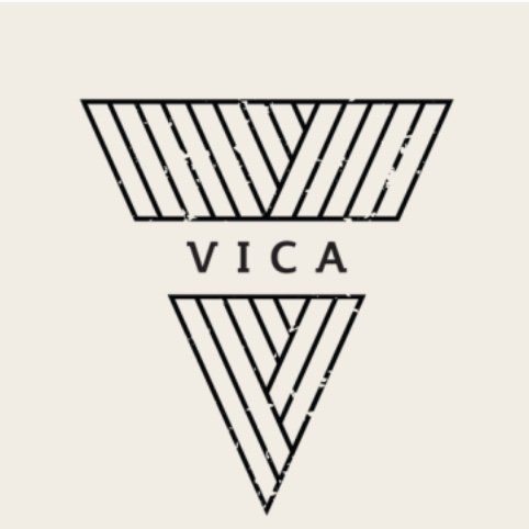A black and white image of a logo with the word VICA.