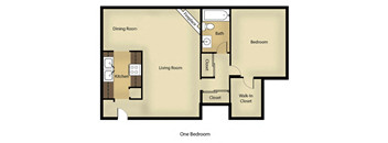 A floor plan of a one bedroom apartment with a living room, dining room, kitchen, and bathroom.