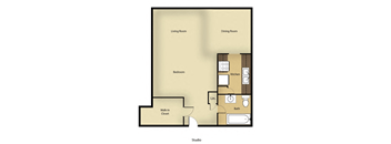 A floor plan of a house with a living room, dining room, kitchen, bath, bedroom, and walk-in closet.