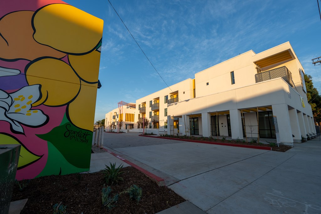 A large mural of a flower is on the left side of a street with a white building on the right.
