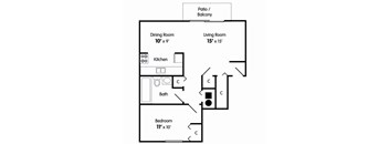 A floor plan of a one bedroom apartment with a living room, dining room, kitchen, bathroom, and bedroom.