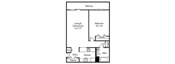 Floor plan of a one bed one bath apartment with a living and dining area, kitchen, pantry, bedroom, and bathroom.