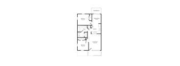 A floor plan of a house with a living room, two bedrooms, a dining room, kitchen, bathroom and a patio.