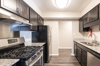 Kitchen with Stainless Steel Appliances in the Two Bedroom Two Bath Apartment at Woodbridge Apartments Bloomington - Photo Gallery 54