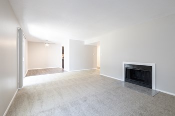 Open Dining and Living Room with a Fireplace in the Two Bedroom Two Bath Apartment at Woodbridge Apartments Bloomington - Photo Gallery 53