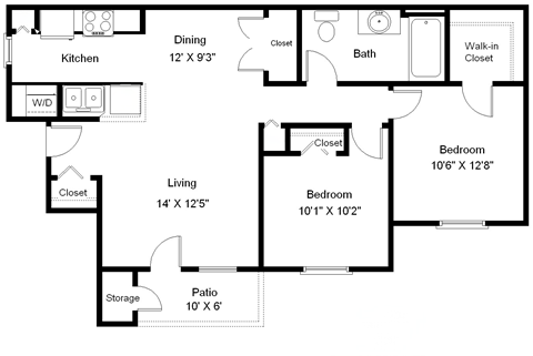 2 bedroom, 1 bathroom floorplan  at Copper Gate, Lafayette, 47909
