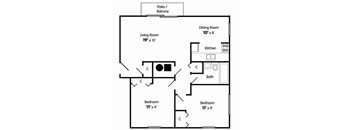 A floor plan of a two bedroom apartment with a living room, dining room, kitchen, bathroom and two bedrooms.