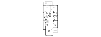 A floor plan of a house with a living room, two bedrooms, a bathroom, a kitchen, a dining room, and a patio/balcony.