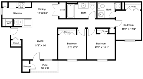 3 bedroom, 2 bathroom floorplan  at Copper Gate, Lafayette, 47909