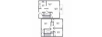 A floor plan of a three bedroom townhome with a living room, dining room, kitchen, bathroom and three bedrooms.