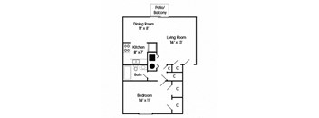 A floor plan of a one bedroom apartment with a living room, dining room, kitchen, bathroom, and bedroom.