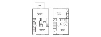 A floor plan of a two bedroom townhome with a living room, dining room, kitchen, and two bedrooms.