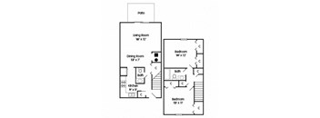 A floor plan of a two bedroom townhome with a living room, dining room, kitchen, and two bedrooms.
