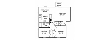 A floor plan of a two bedroom apartment with a living room, dining room, kitchen, and two bedrooms.