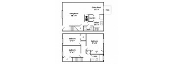 A floor plan of a three bedroom townhome with a living room, dining room, kitchen, and three bedrooms.