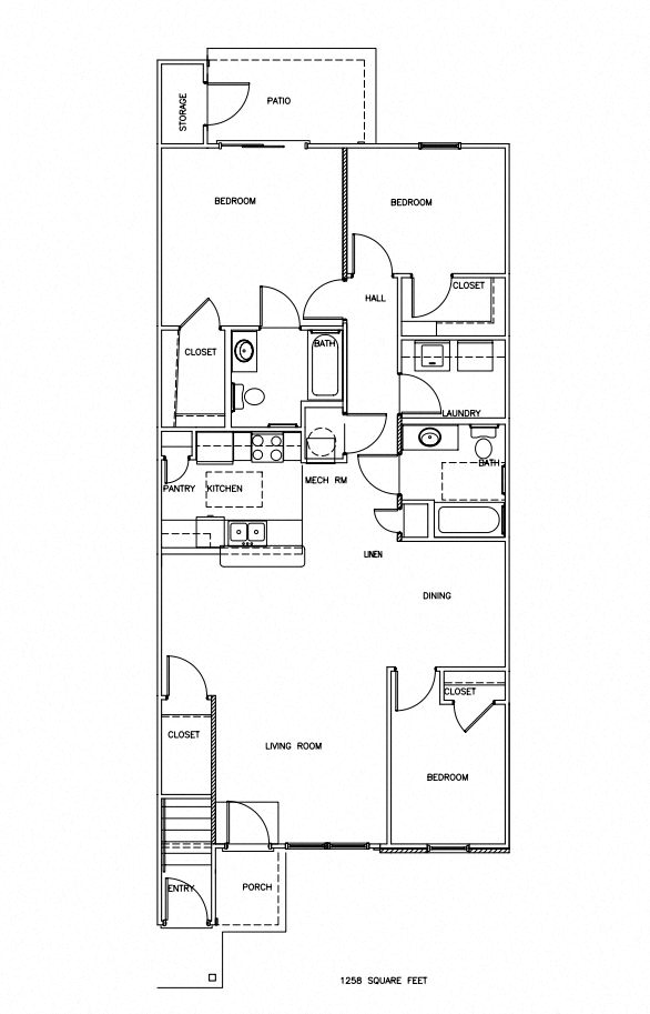3bed 2bath apartment floor plan at Chapelgate Park Apartments