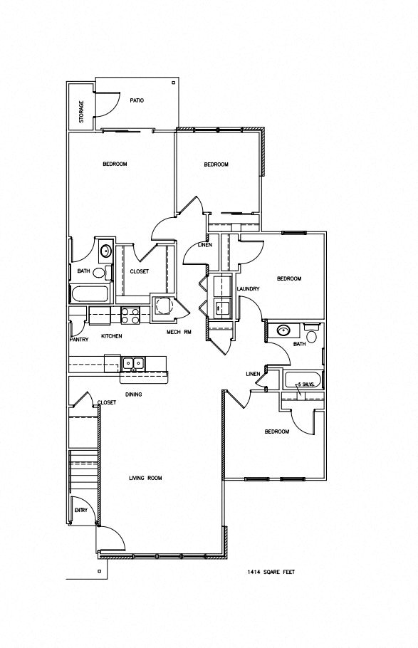 4bed 2bath apartment floor plan at Chapelgate Park Apartments