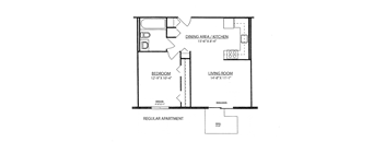 Apartment plan with a tub for a 1 bedroom apartment in Shelbyville