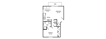 the floor plan of a bedroom apartment with a dining room and a living room
