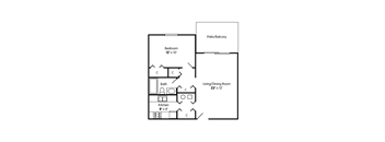 A floor plan of a small apartment with a living room, dining room, kitchen and bath.