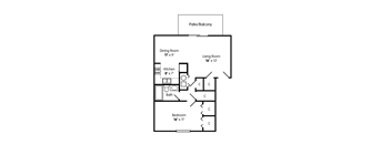 A floor plan of a small apartment with a kitchen, living room, dining room, and bathroom.