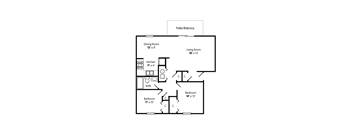 A floor plan of a home with a living room, dining room, kitchen, and two bedrooms.