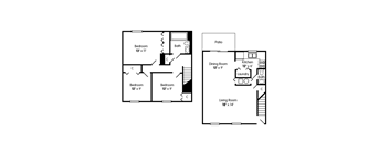 A floor plan of a two bedroom apartment with a living room, dining room, kitchen and bathrooms.
