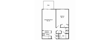 A floor plan of a small apartment with a living/dining room, kitchen, bedroom, and bathroom.