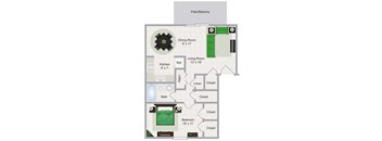 A floor plan of a small apartment with a kitchen, bathroom, bedroom and living room.
