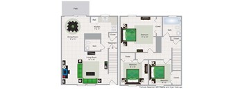 A floor plan of a house with a patio, kitchen, dining room, living room, and three bedrooms.