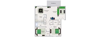 A floor plan of a home with a living room, dining room, kitchen, and two bedrooms.