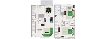 A floor plan of a house with a living room, dining room, kitchen, and two bedrooms.