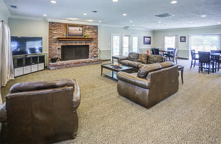 a living room with leather furniture and a fireplace