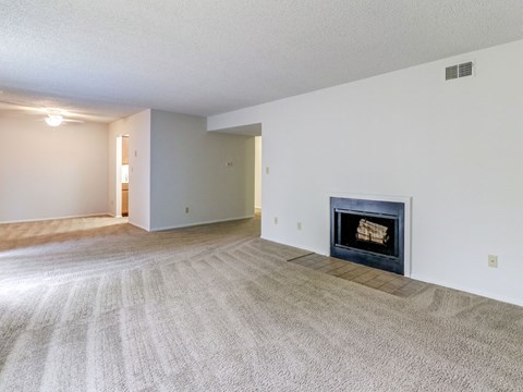 a living room with a fireplace and a carpeted floor