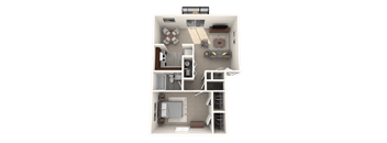 3d rendering of a one bedroom one bath apartment floor plan at Addison on Main