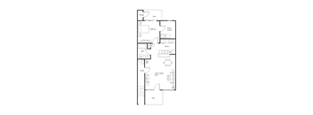 A floor plan of a house with a bedroom, kitchen, living room, and bathroom.